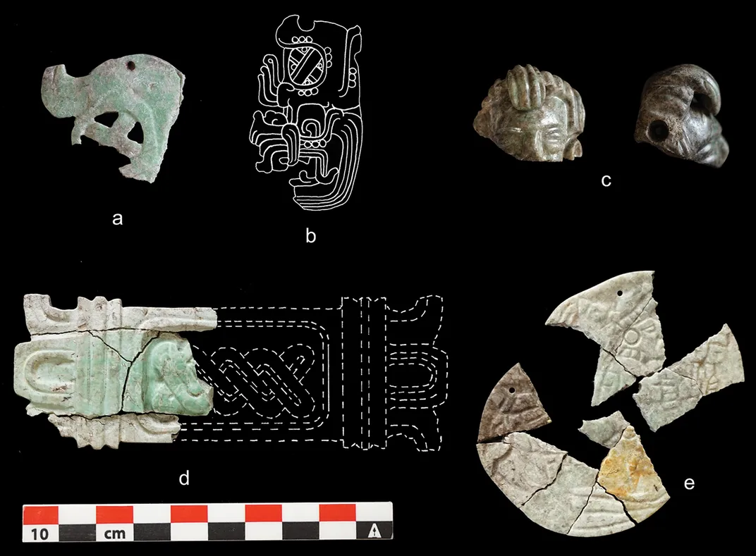 Images and drawings of diadems and ornaments discovered at the site; burn and char marks were radiocarbon dated to be some 1,200 years old.