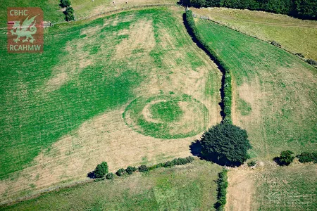 The remains of this medieval castle at Castell Llwyn Gwinau, Tregaron, were almost completely plowed over, but they show clearly under parched conditions.



