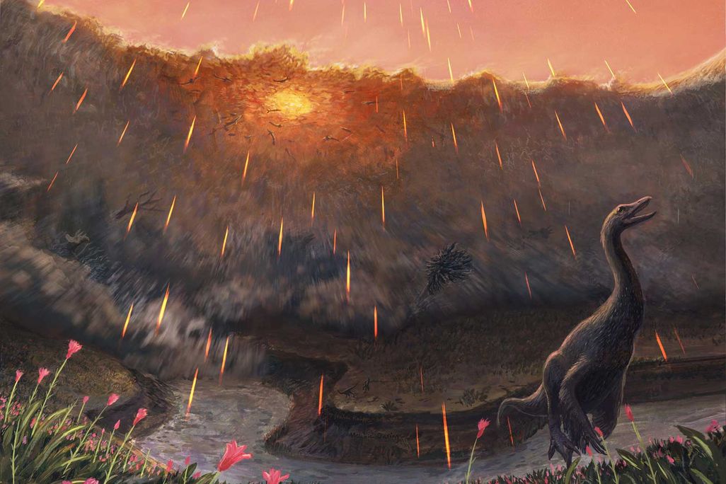 Asteroid Debris Spreads Over Landscape and Dinosaur