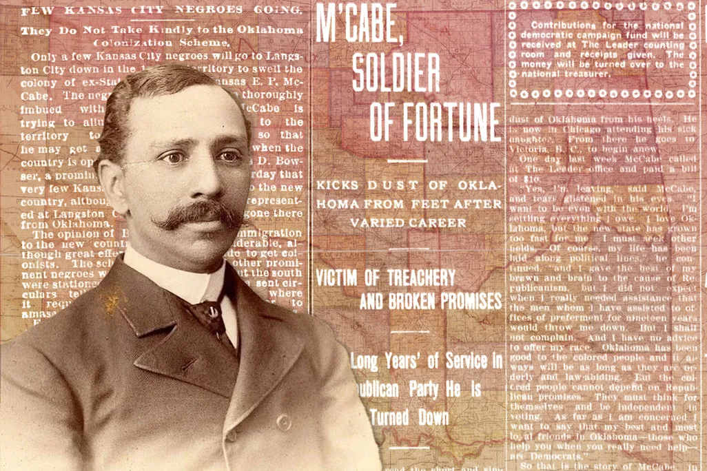 Illustration of Edward P. McCabe in front of newspaper articles about his ventures in Oklahoma