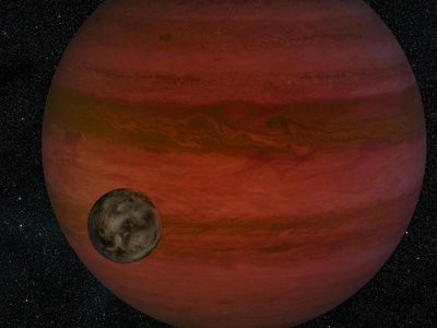 An artist's rendering of the MOA-2011-BLG-262 system, which hosts a potential exomoon orbiting a Jupiter-like planet.
