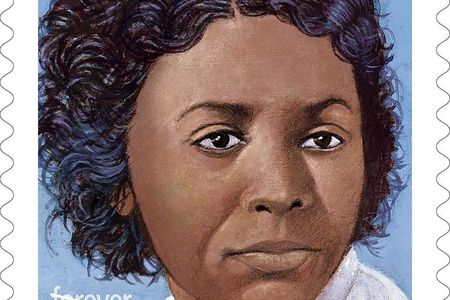 An illustration of a stamp featuring the face of Edmonia Lewis