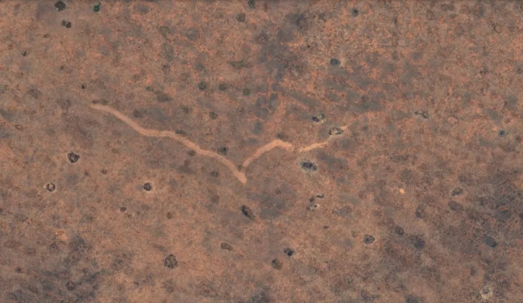 Overhead view of a squiggly line against tan backdrop