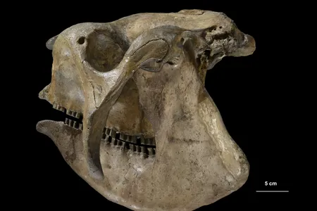 Skull of a Glyptodon from Buenos Aires, Argentina. A member of an extinct group of relatives of armadillos with several species reaching sizes above a ton that migrated from South America to North America.