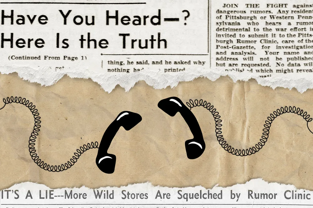 An illustration of two corded telephones, surrounded by rumor clinic articles
