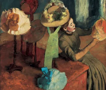Edgar Degas rarely painted a pure still life, but he often included still lifes in the backgrounds or corners of his compositions. In The Millinery Shop (1882-86), the hatstheir shapes, textures and colorstake center stage; the figure is merely an accessory.