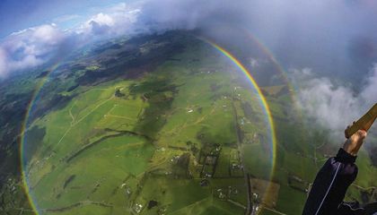 circular rainbow over green fields