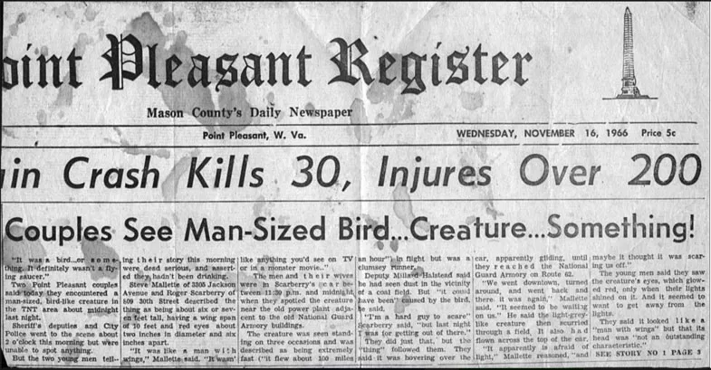 Front page of an old newspaper, the Point Pleasant Register, dated November 16, 1966. A Second headline, without an accompanying image, reads: Couples See Man-Sized Bird...Creature...Something!