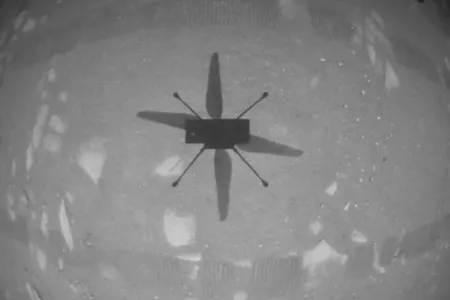 Soon after Ingenuity's lift-off and landing, the drone sent a black and white photo of its shadow during the flight back to engineers on Earth through the rover.

