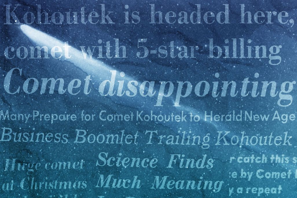 Illustration of newspaper headlines overlaid on a photograph of the Comet Kohoutek