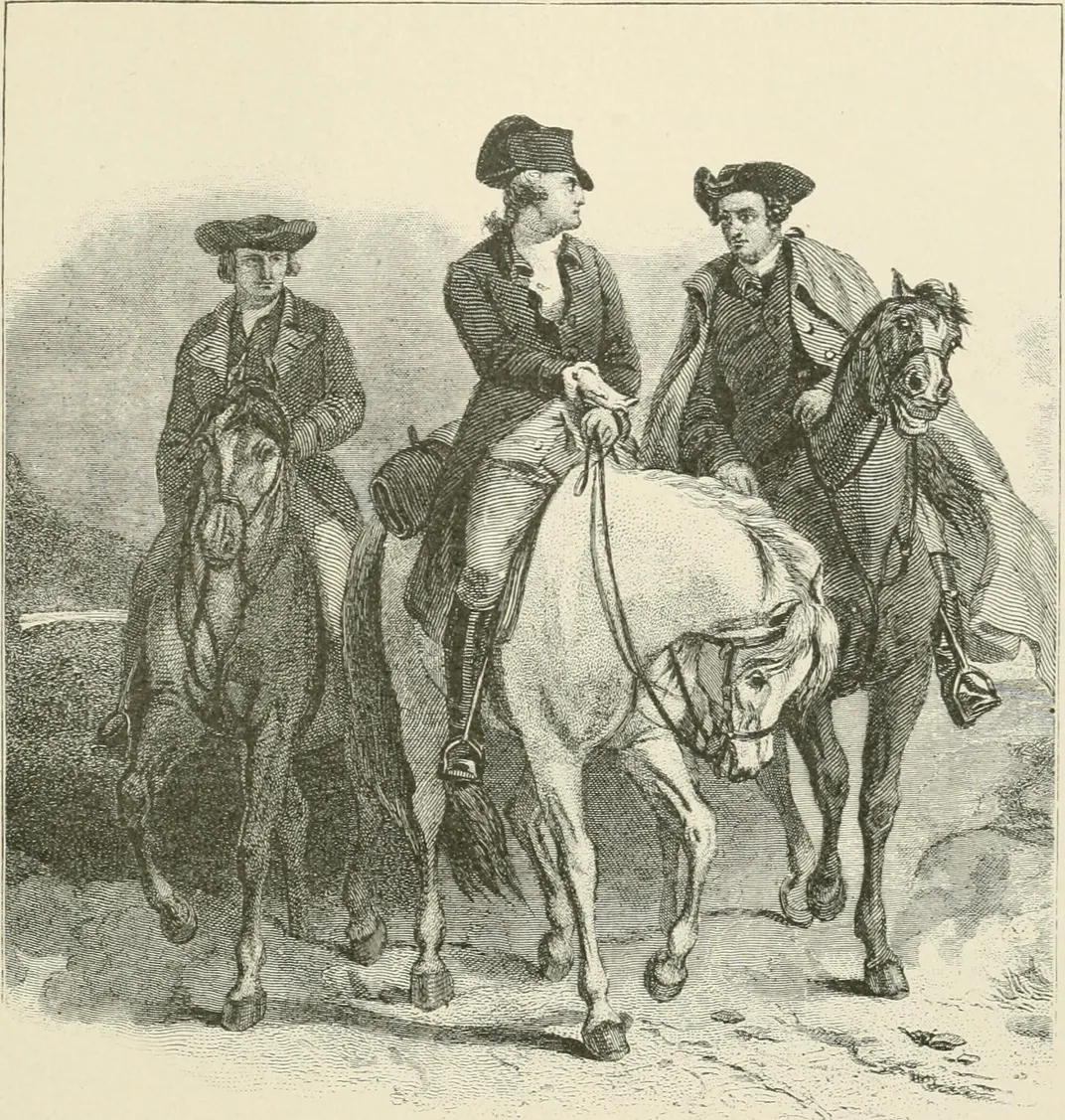 An illustration of George Washington (center), Patrick Henry (right) and Edmund Pendleton (left) riding to Philadelphia to attend the First Continental Congress
