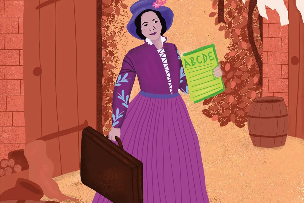 an illustration of a woman in a purple dress holding a green book in one hand and a brief case in the other