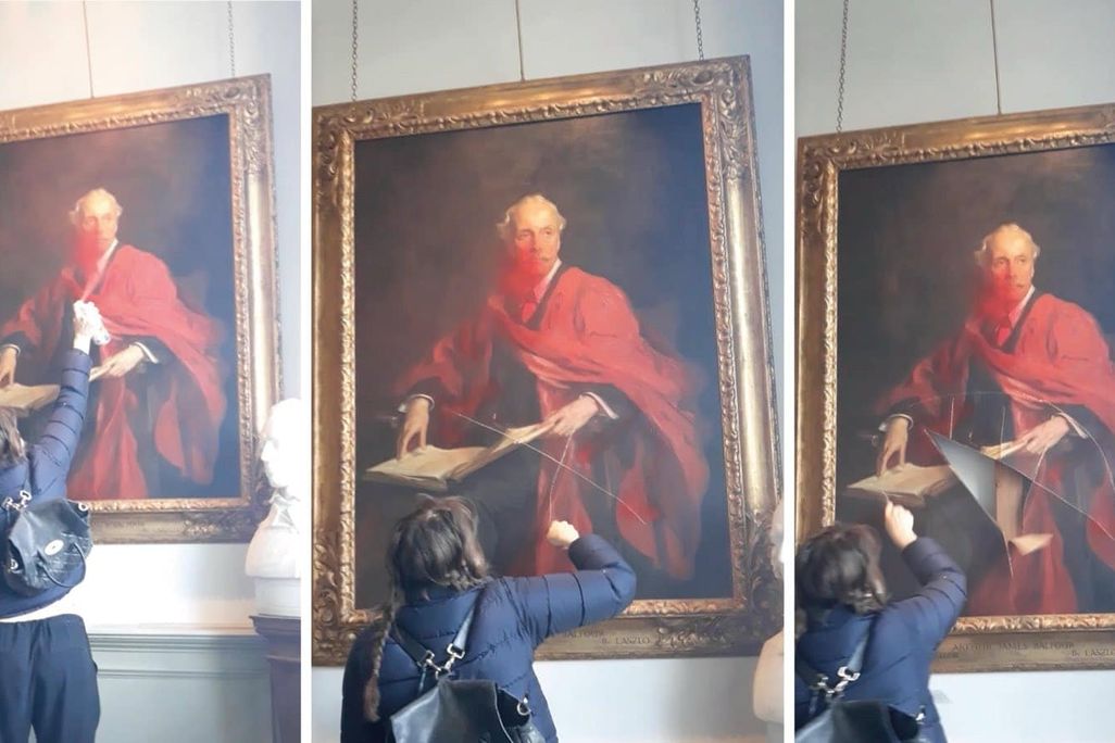 Triptych of woman damaging portrait of man