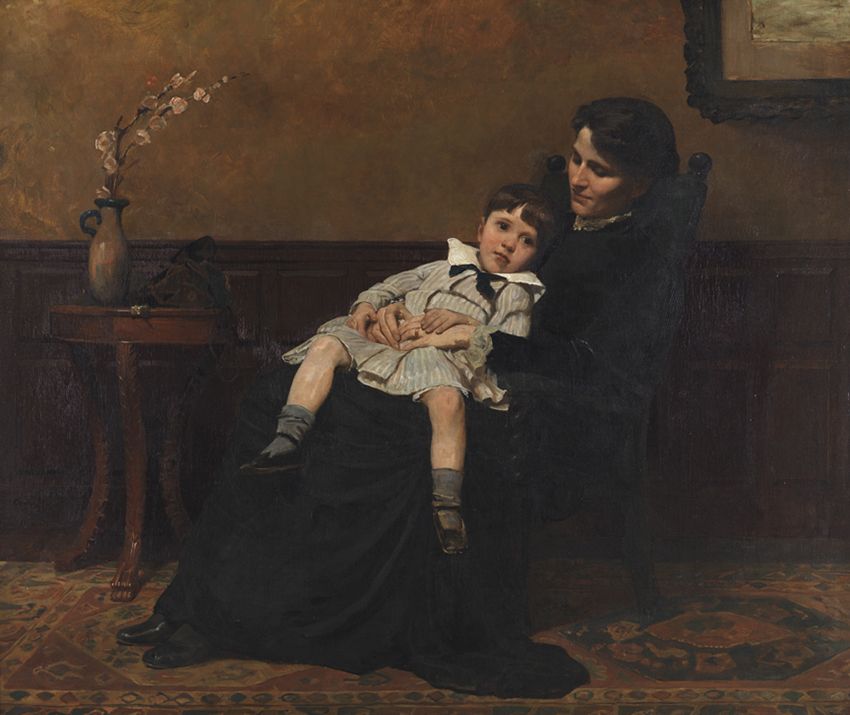 Oil painting in dark brown tones, featuring a woman sitting in a chair wearing a dark dress and holding a young boy in a sailor suit.