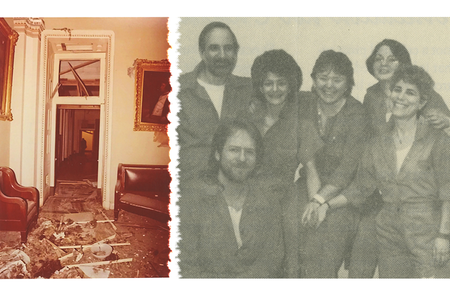 Left, part of the U.S. Capitol's north wing after a M19 bomb damaged it in 1983. Right, an image from a sympathetic pamphlet reading "Resistance is not a Crime! Stop the Political Show Trial!" showing core members of M19 (left to right, Alan Berkman, Tim Blunk, Susan Rosenberg, Linda Sue Evans, Marilyn Buck, Laura Whitehorn) in prison.