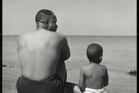 "Fathering" is a theme of the show, (above: Father and Son at Lake Michigan, detail, by Wayne F. Miller, 1946-1948) as crucial experience and wisdom is provided by fathers, uncles, teachers and coaches.&nbsp;