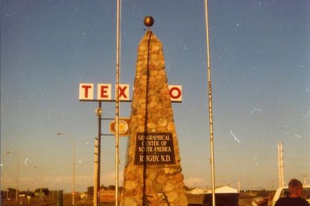Monument declaring Rugby, North Dakota, the city claiming geographic center—until now.