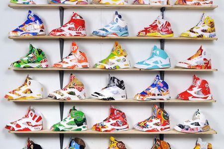 For "Overboard," artist Andy Yoder created more than 200 Nike Air Jordan sneakers using garbage. 