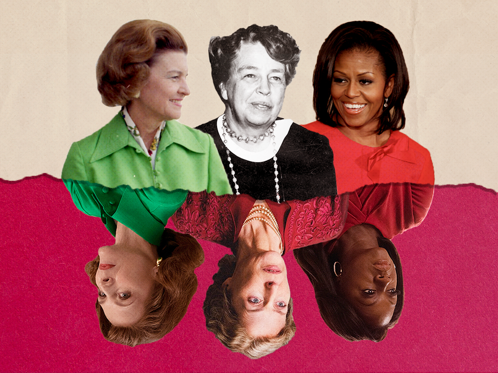 Illustration of Eleanor Roosevelt, Betty Ford and Michelle Obama, mirrored against the actresses playing them in "The First Lady"