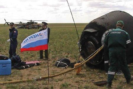 The recovery crew arrived five hours after the Soyuz landed.