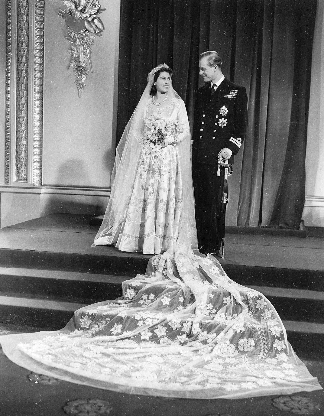 Picture of then Princess Elizabeth and her new husband Prince Philip on their wedding day in 1947