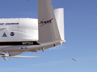 NASA’s Global Hawk aircraft deploys a dropsonde during a test flight over the Dryden Aeronautical Test Range in August 2015. 