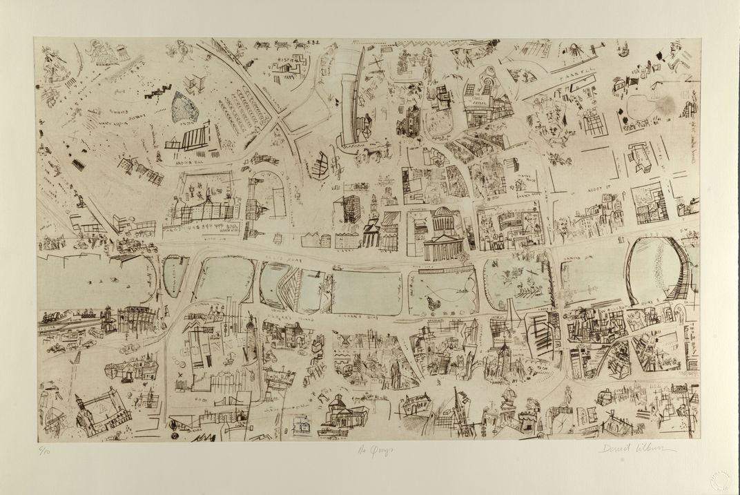 Una mappa stampata di Dublino, incisa in linee che mostrano i moli e i luoghi in cui scaricare le navi