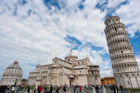 A panoramic view of the "Square of Miracles," including the famed tower of Pisa.