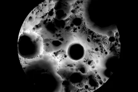A view of the lunar south pole, with Shackleton Crater at the center, assembled from images taken by NASA&#39;s Lunar Reconnaissance Orbiter.