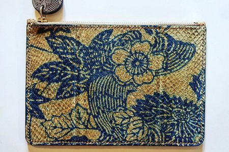 Sourcing her fish skin from Iceland, Elisa Palomino-Perez designs, dyes and assembles her fashion accessories. Bag handmade by Jay Zaccheus.