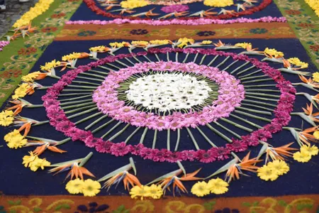 Detail of a carpet of flowers and colored sawdust in Antigua, Guatemala