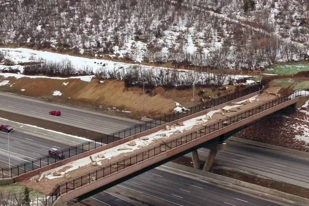 Photograph of the wildlife bridge over 6 lanes of traffic on Interstate 80