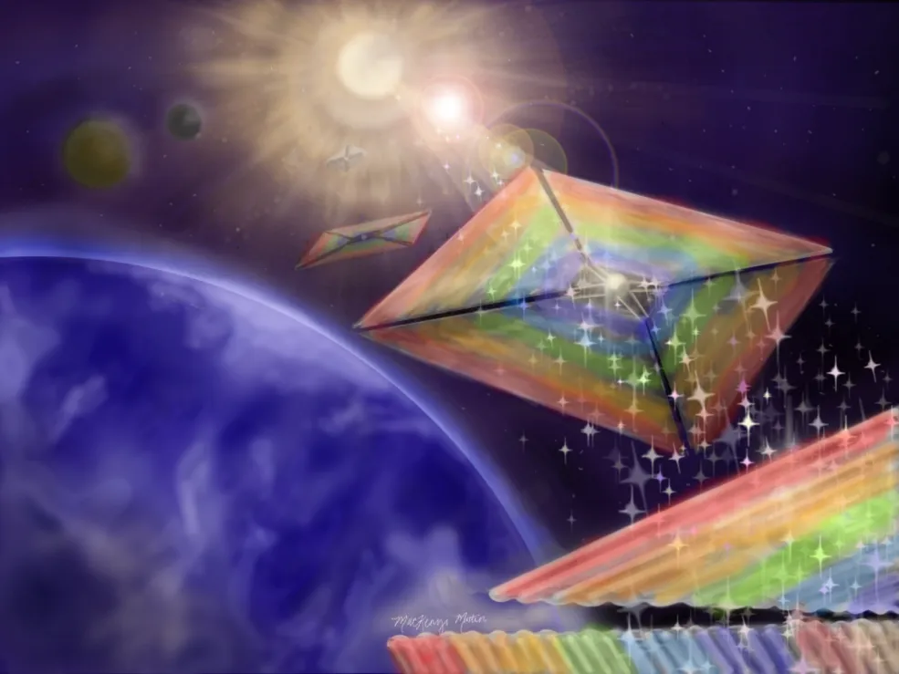 An artist representation of how a diffractive solar sail may look in space. The sail looks like a rainbow kite.