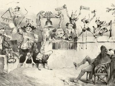 A lithograph by French caricaturist J. J. Grandville depicts the torture of too much noise.