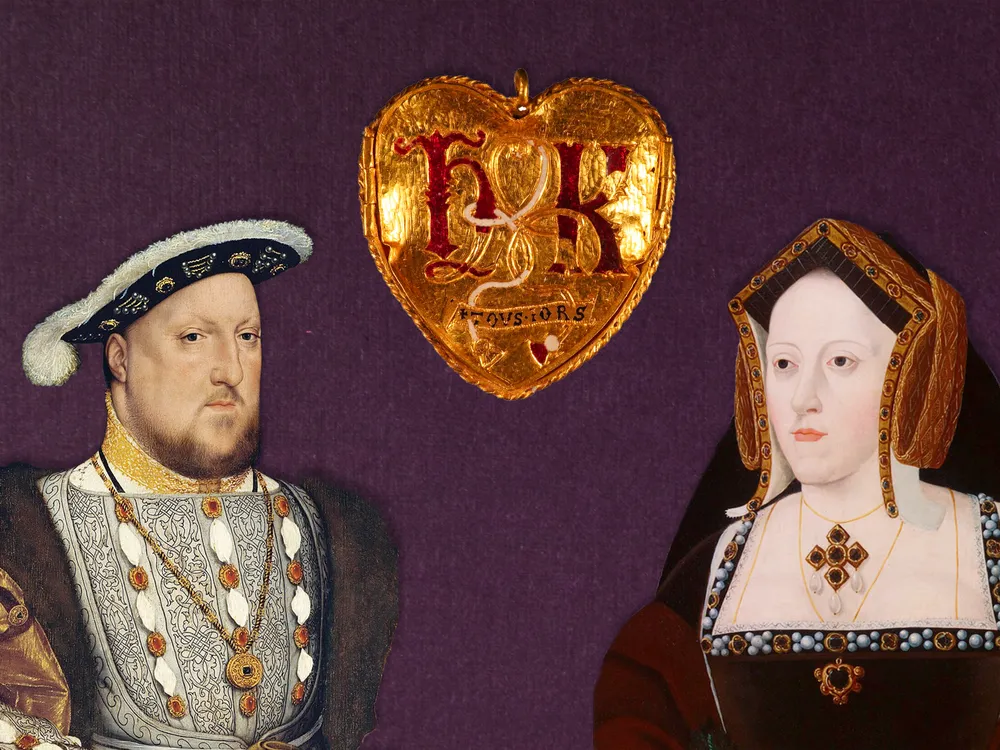 An illustration of Henry VIII and Catherine of Aragon next to a pendant celebrating their love