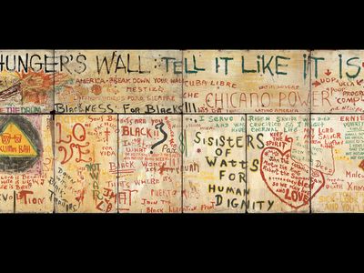 This mural from the collection of the National Museum of African American History and Culture comprises 12 painted plywood panels. It was originally created and displayed in the Resurrection City encampment on the National Mall in Washington, D.C. during the summer of 1968. Resurrection City activists filled the boards of the 32-foot-long wall with slogans, quotes and art.
