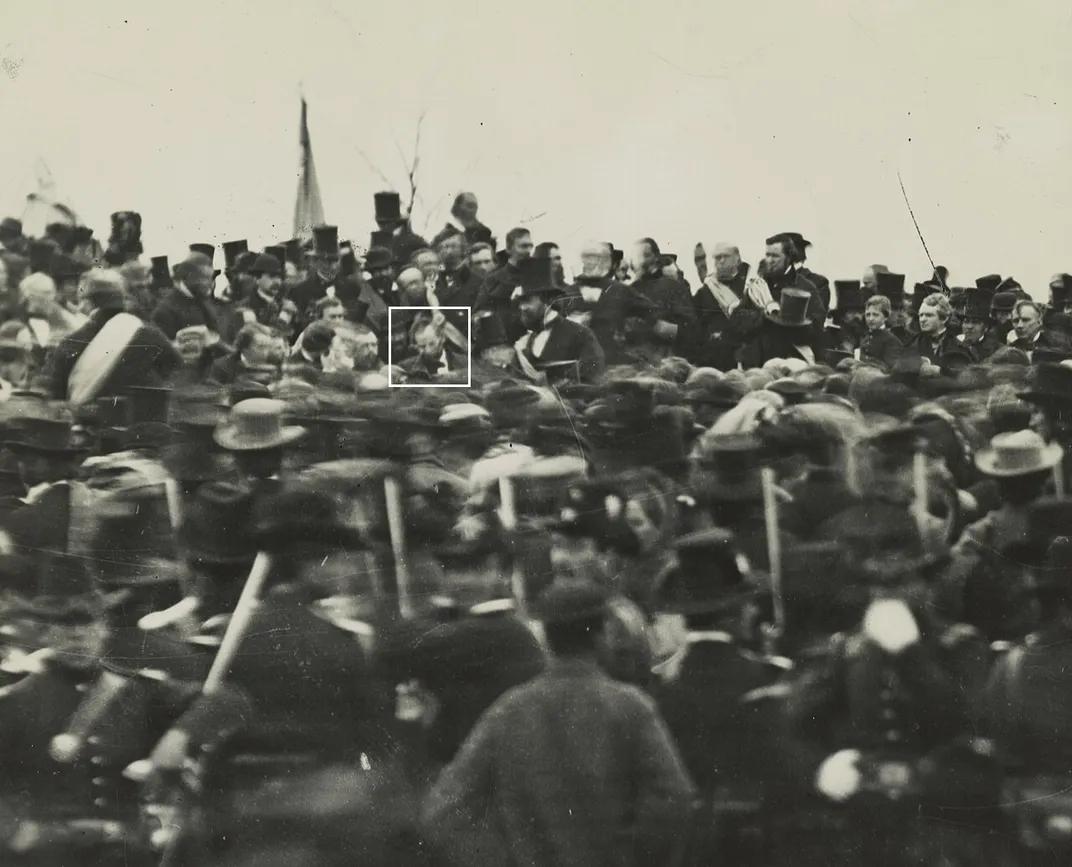 Lincoln (identified by white square) at the Soldiers' National Cemetery in Gettysburg, Pennsylvania, on the day he delivered the Gettysburg Address