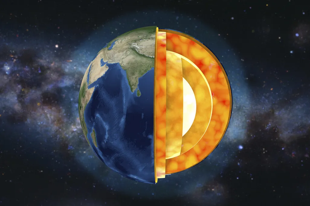 a graphical cross-section of the Earth against the milky way