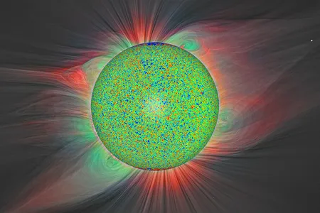 A mosaic image shows magnetic activity on the solar disk, which is surrounded by the relatively faint corona.