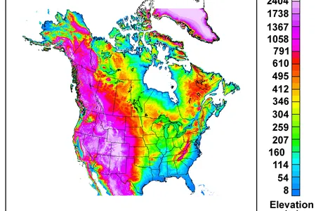Topographic map of the U.S. and Canada.