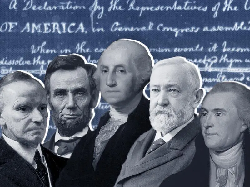 Cutouts of black and white portraits of all the presidents, foregrounded against a blue and white version of Thomas Jefferson's handwritten draft of the Declaration of Independence