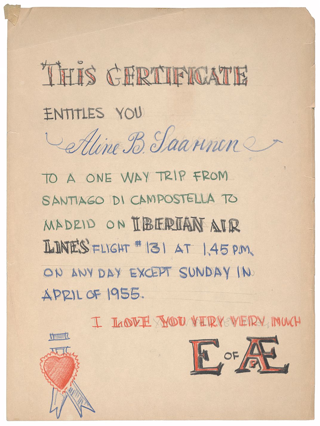 Certificate for Aline Saarinen made by Eero Saarinen