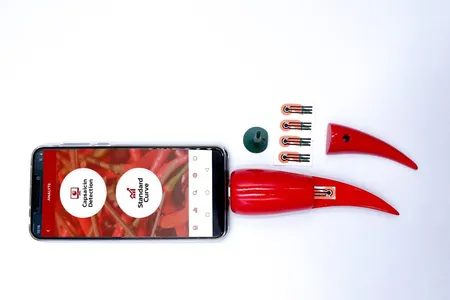 A new chili pepper-shaped device that connect with a smartphone to reveal how much capsaicin is in a hot pepper.
