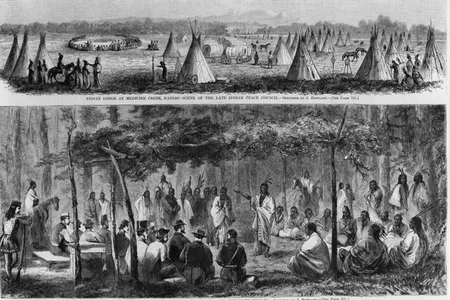 U.S. government officials met with multiple tribes of the Great Plains to negotiate the Medicine Lodge Treaty in 1867. 