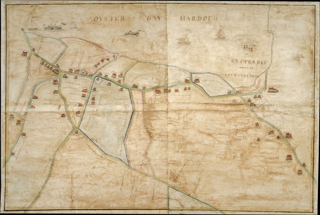 A map of Oyster Bay, with the Townsend home circled at left and Maltbie's makeshift prison circled at right