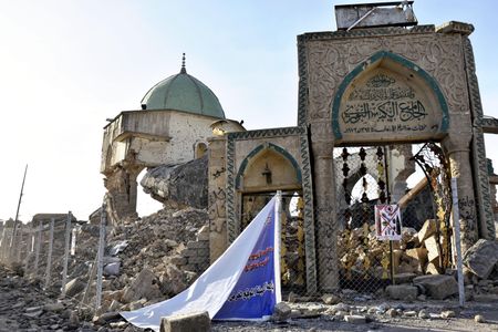 A picture taken on March 18, 2018 of the ruins of the al-Nuri Mosque in Mosul