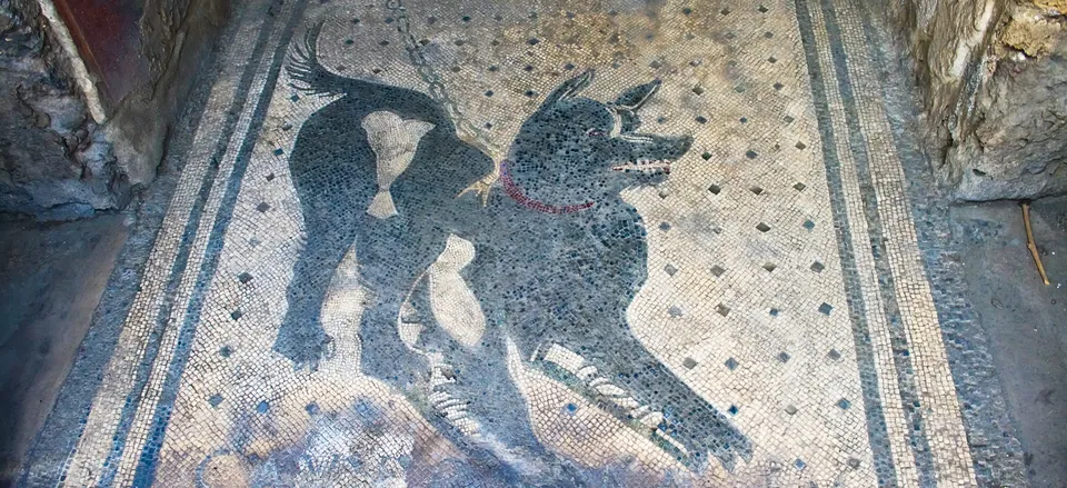  "Beware of Dog" floor mosaic at a house in Pompeii 