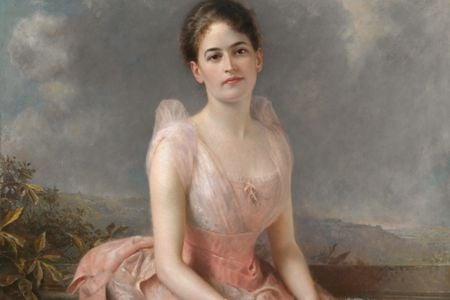 Painted portrait of Juliette Gordon Low seated with her hands resting in her lap.