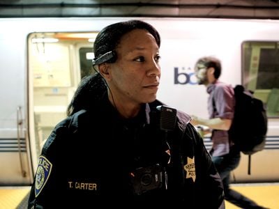 Sergeant Tanzanika Carter of the BART police force wears a body camera in San Francisco, CA