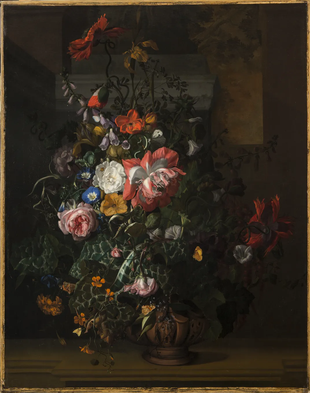Roses, Convolvulus, Poppies and Other Flowers in an Urn on a Stone Ledge, Rachel Ruysch, circa 1680